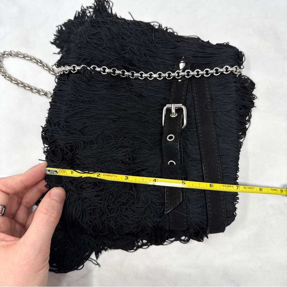 Christian Louboutin Belted Fringe Suede Crossbody Bucket Bag Chain Strap Black - Picture 8 of 13